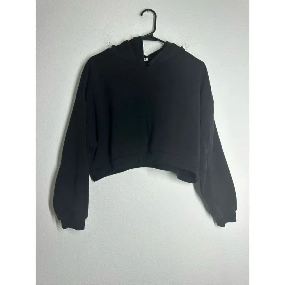 Heart & Hips Black Cotton Blend Cropped Hoodie Sweatshirt Size L